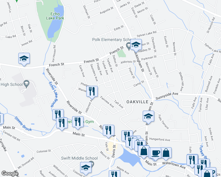 map of restaurants, bars, coffee shops, grocery stores, and more near 73 Tucker Avenue in Watertown