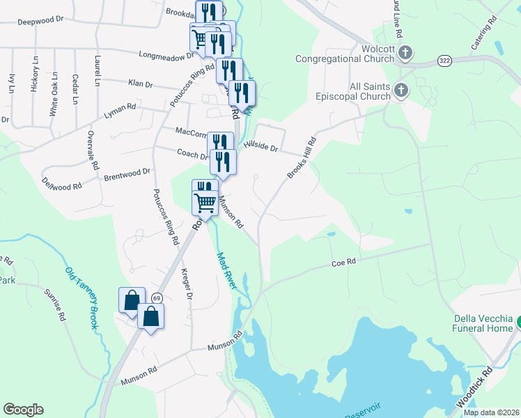 map of restaurants, bars, coffee shops, grocery stores, and more near 156 Brooks Hill Road in Wolcott