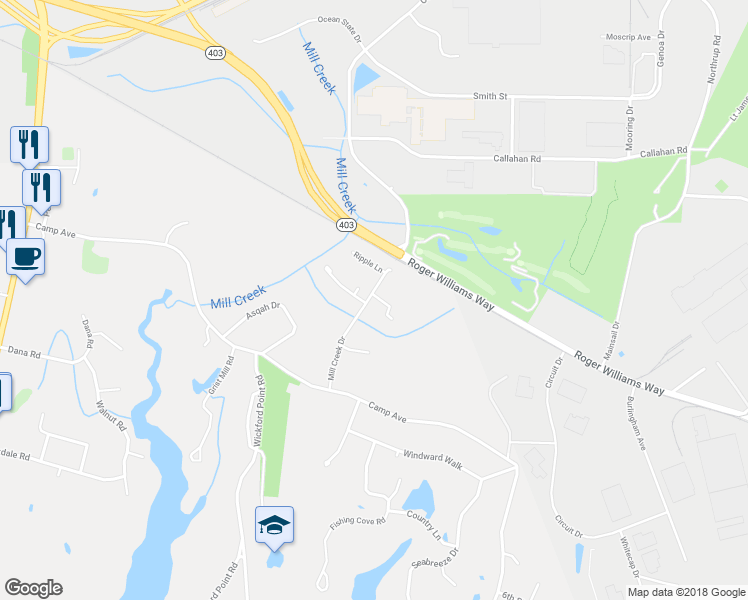 map of restaurants, bars, coffee shops, grocery stores, and more near 9 Cattail Lane in North Kingstown