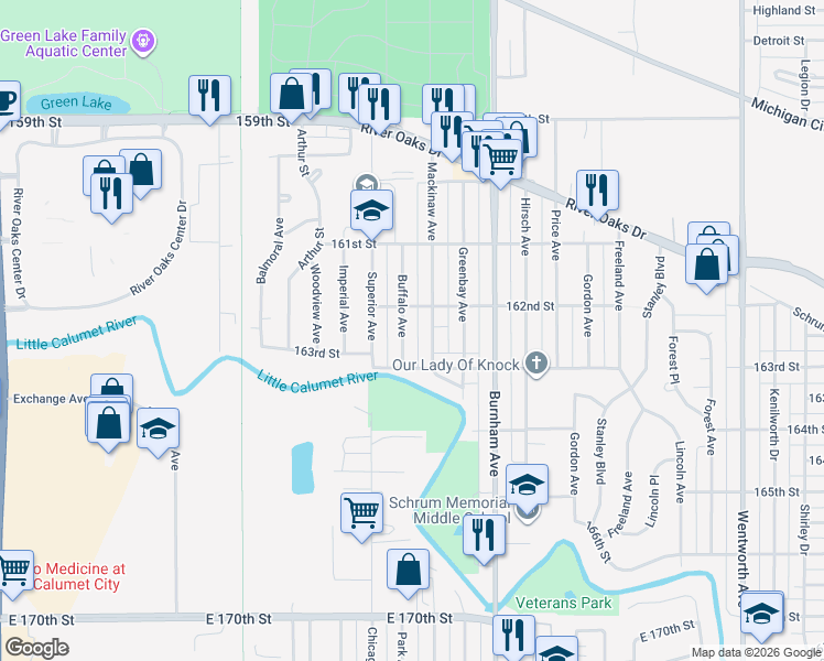 map of restaurants, bars, coffee shops, grocery stores, and more near 1363 Buffalo Avenue in Calumet City