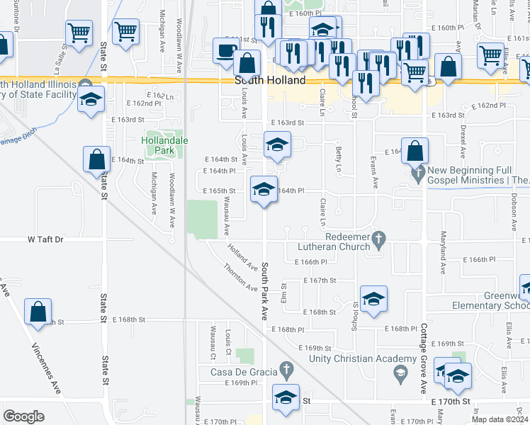 map of restaurants, bars, coffee shops, grocery stores, and more near 16511 South Park Avenue in South Holland