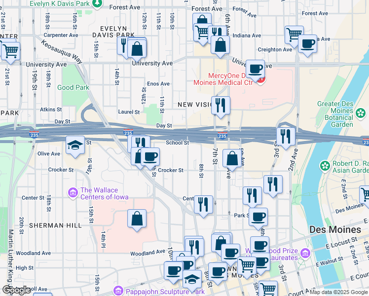 map of restaurants, bars, coffee shops, grocery stores, and more near 944 9th Street in Des Moines