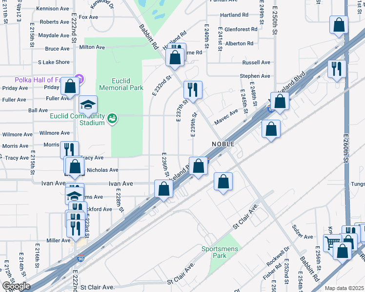 map of restaurants, bars, coffee shops, grocery stores, and more near 893 East 237th Street in Euclid