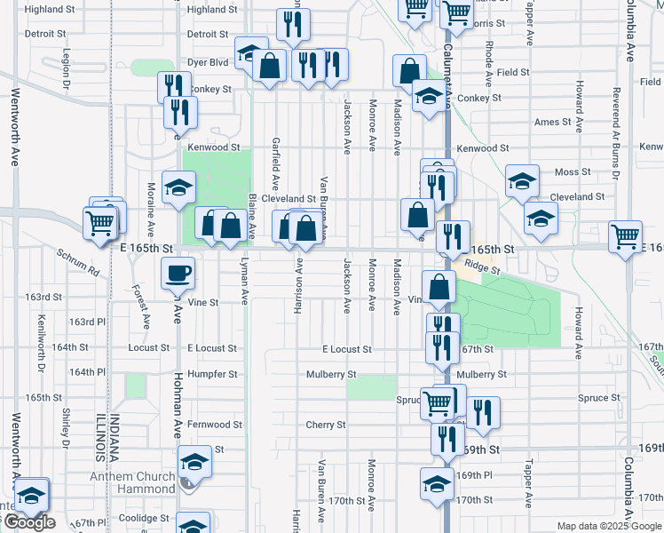 map of restaurants, bars, coffee shops, grocery stores, and more near 537 Florence Street in Hammond