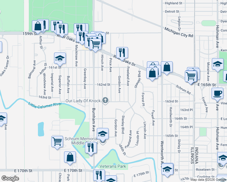 map of restaurants, bars, coffee shops, grocery stores, and more near 1367 Price Avenue in Calumet City