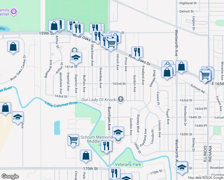 map of restaurants, bars, coffee shops, grocery stores, and more near 1362 Hirsch Avenue in Calumet City