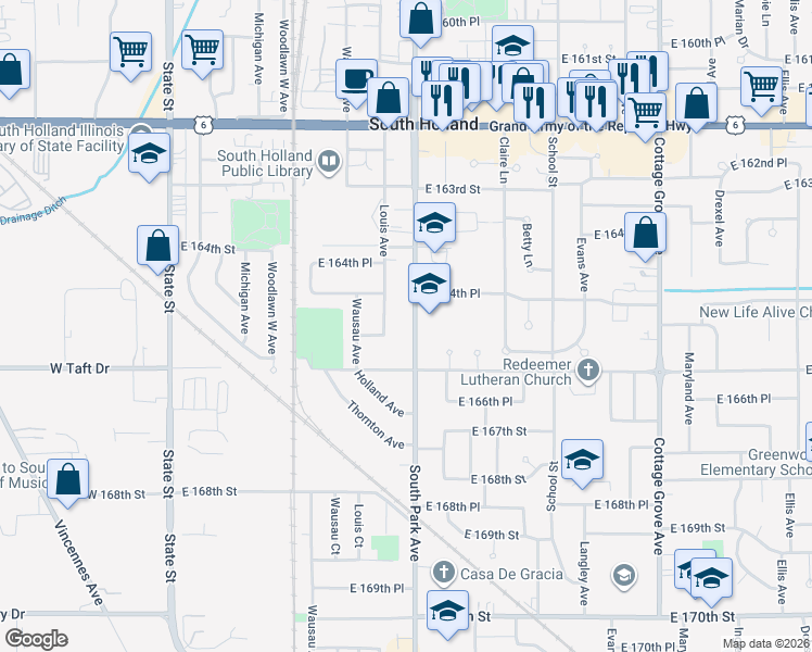 map of restaurants, bars, coffee shops, grocery stores, and more near 16518 South Park Avenue in South Holland