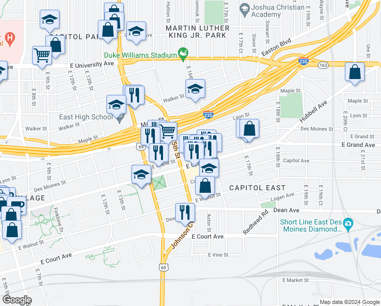 map of restaurants, bars, coffee shops, grocery stores, and more near 1535 Des Moines Street in Des Moines