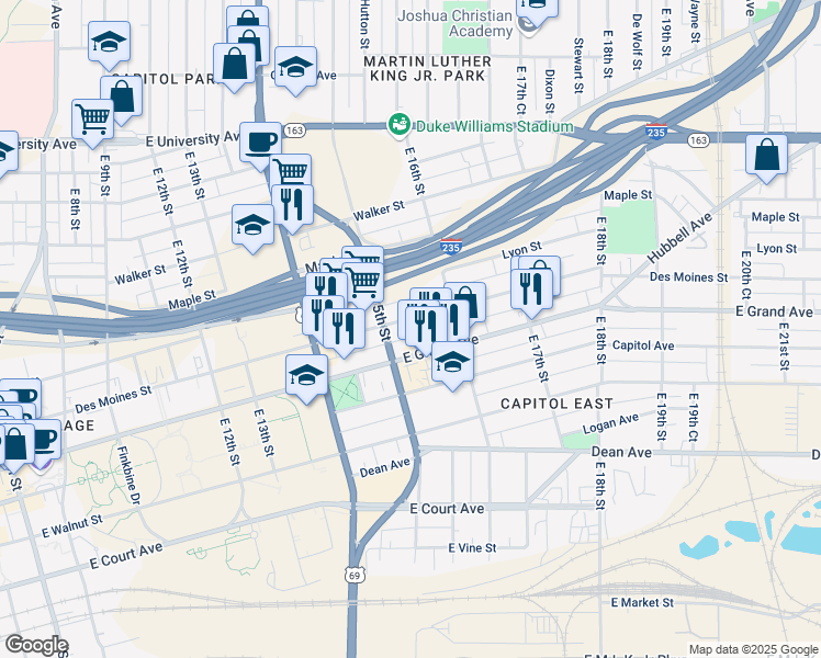 map of restaurants, bars, coffee shops, grocery stores, and more near 1535 Des Moines Street in Des Moines