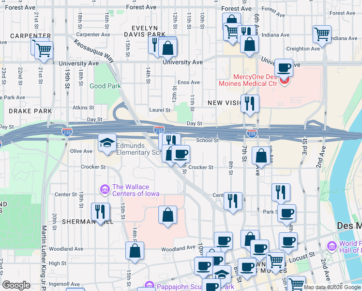 map of restaurants, bars, coffee shops, grocery stores, and more near 1212 School Street in Des Moines