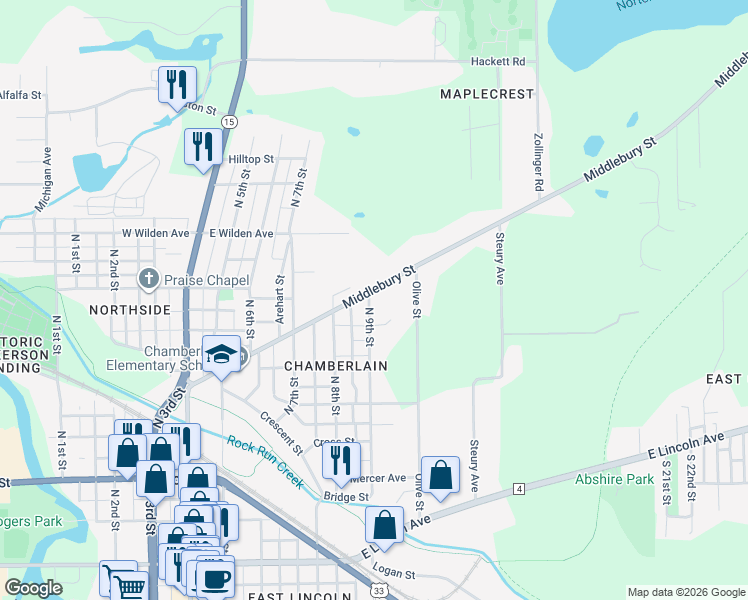 map of restaurants, bars, coffee shops, grocery stores, and more near 520 Middlebury Street in Goshen