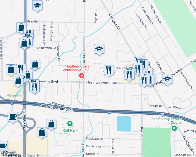 map of restaurants, bars, coffee shops, grocery stores, and more near 4700 Heatherdowns Boulevard in Toledo