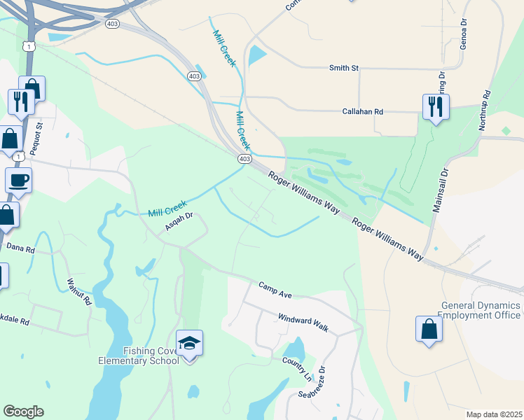 map of restaurants, bars, coffee shops, grocery stores, and more near 1 Cattail Lane in North Kingstown