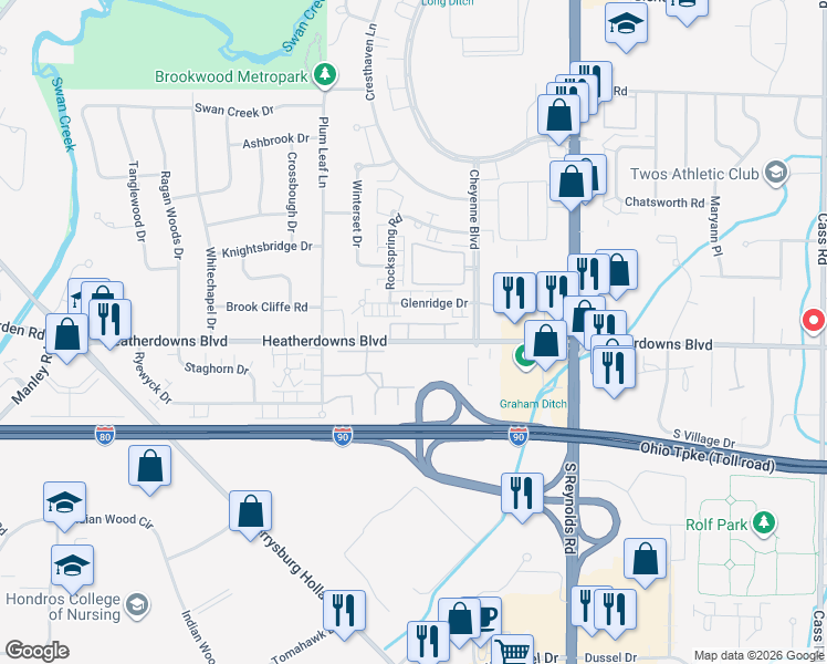 map of restaurants, bars, coffee shops, grocery stores, and more near 5450 Heatherdowns Boulevard in Toledo
