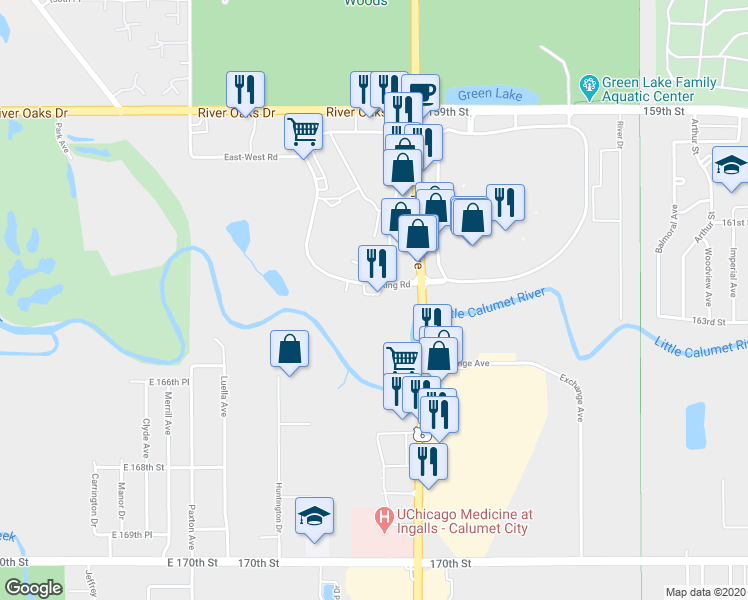 map of restaurants, bars, coffee shops, grocery stores, and more near 1455 Ring Road in Calumet City
