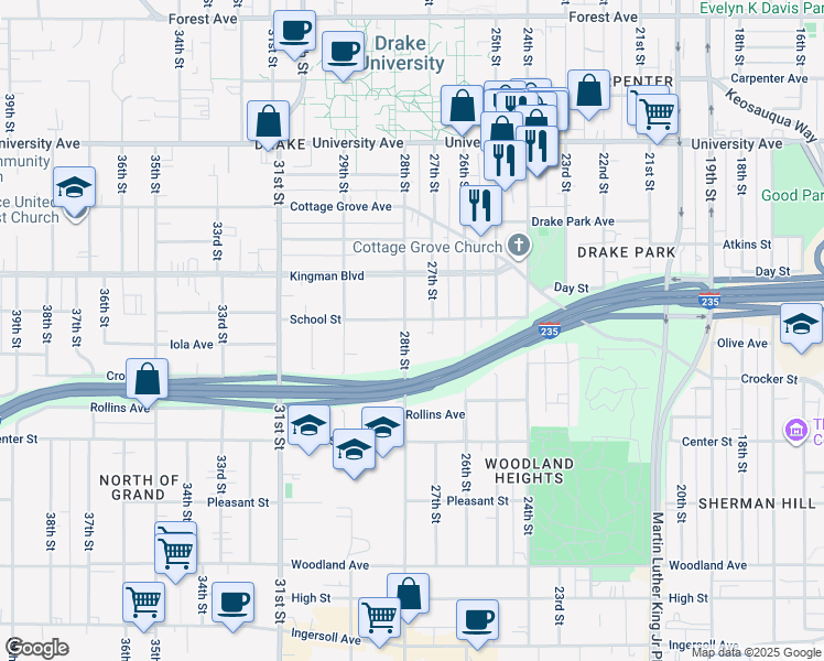 map of restaurants, bars, coffee shops, grocery stores, and more near 951 28th Street in Des Moines