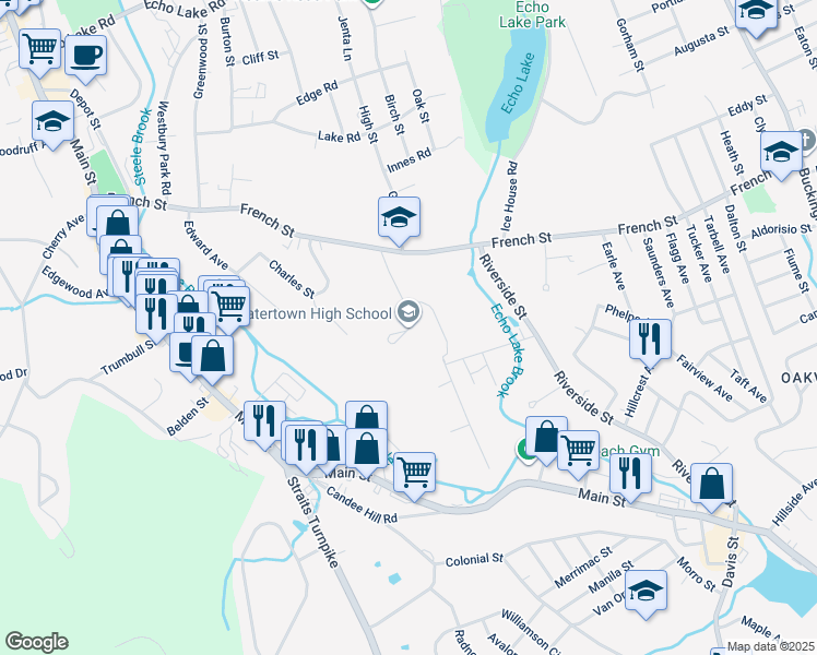 map of restaurants, bars, coffee shops, grocery stores, and more near 324 French Street in Watertown