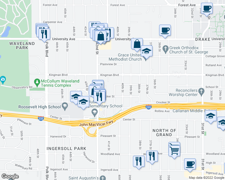 map of restaurants, bars, coffee shops, grocery stores, and more near 918 40th Place in Des Moines