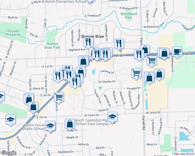 map of restaurants, bars, coffee shops, grocery stores, and more near 1210 Lacoma Drive in Lockport