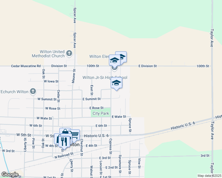 map of restaurants, bars, coffee shops, grocery stores, and more near 1002 Cypress Street in Wilton
