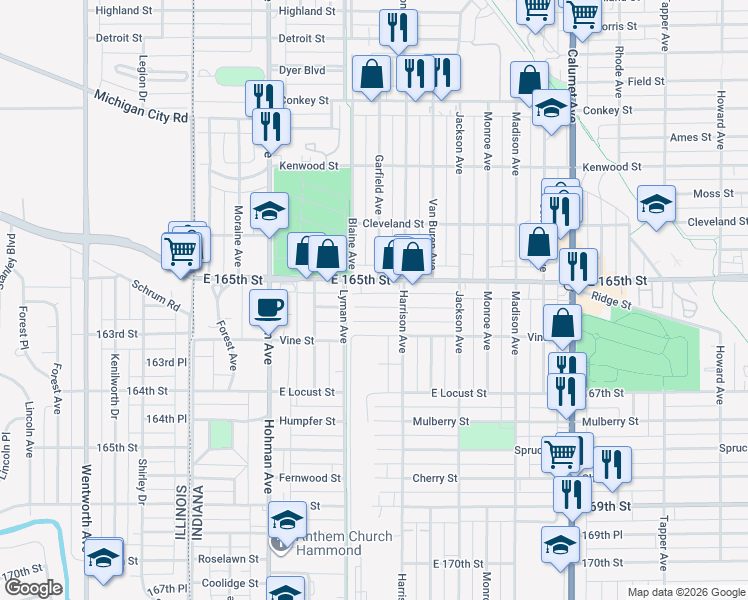 map of restaurants, bars, coffee shops, grocery stores, and more near 421 Florence St in Hammond