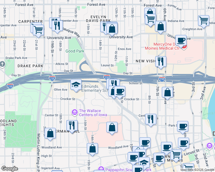 map of restaurants, bars, coffee shops, grocery stores, and more near 1393 Keosauqua Way in Des Moines