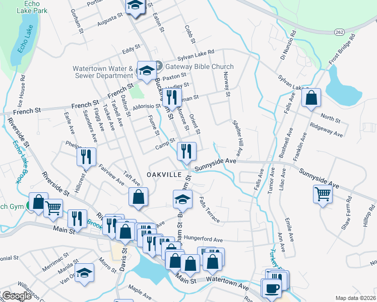 map of restaurants, bars, coffee shops, grocery stores, and more near 23 Stanley Avenue in Watertown