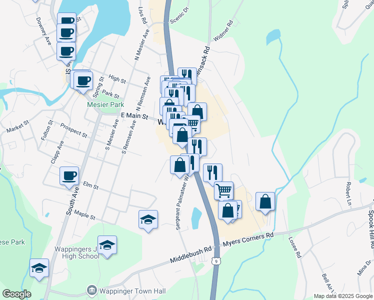 map of restaurants, bars, coffee shops, grocery stores, and more near 1541 Albany Post Road in Wappingers Falls