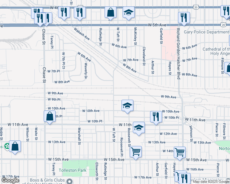 map of restaurants, bars, coffee shops, grocery stores, and more near 2286 West 9th Avenue in Gary