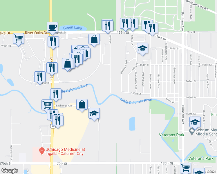 map of restaurants, bars, coffee shops, grocery stores, and more near 1376 River Drive in Calumet City