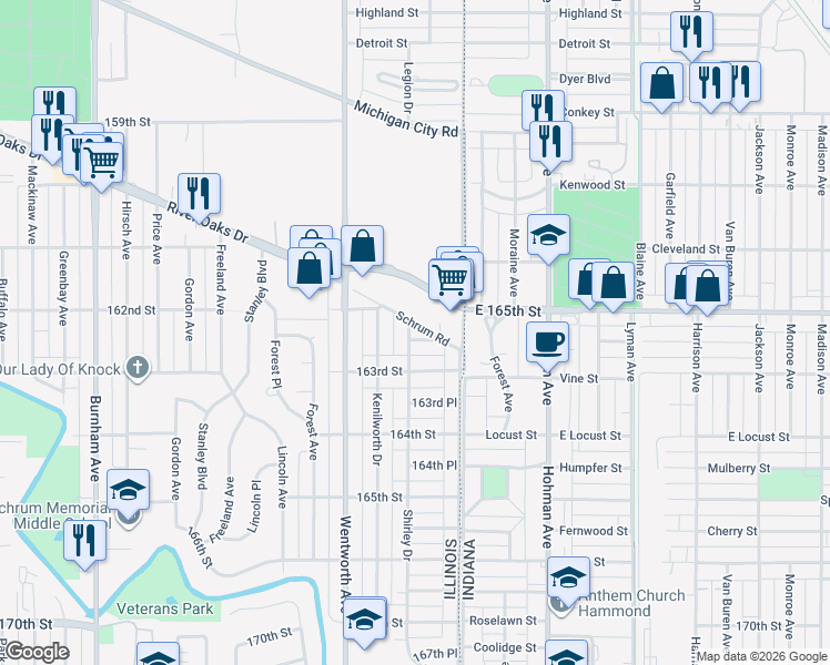 map of restaurants, bars, coffee shops, grocery stores, and more near 14 Schrum Road in Calumet City