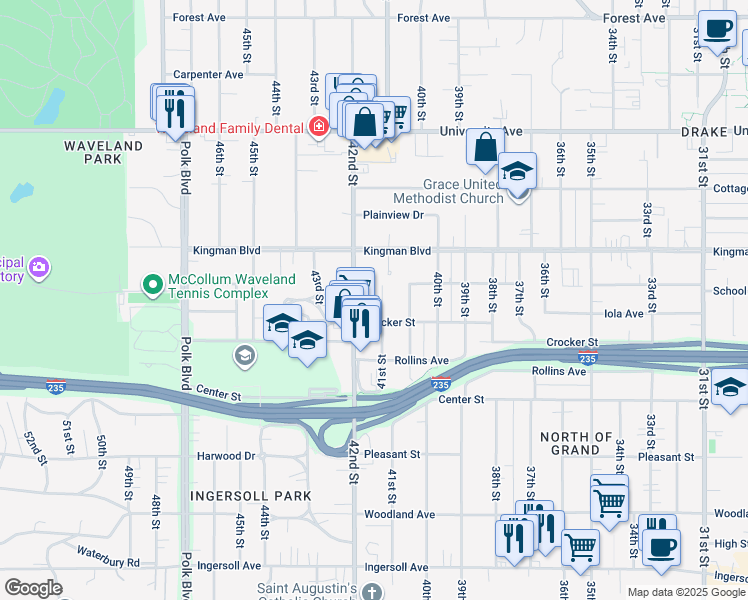 map of restaurants, bars, coffee shops, grocery stores, and more near 916 41st St in Des Moines