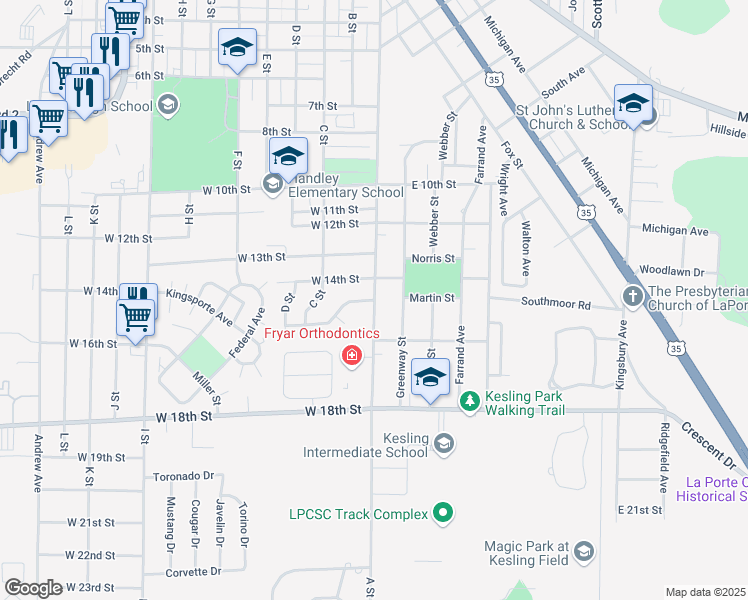 map of restaurants, bars, coffee shops, grocery stores, and more near A Street in La Porte