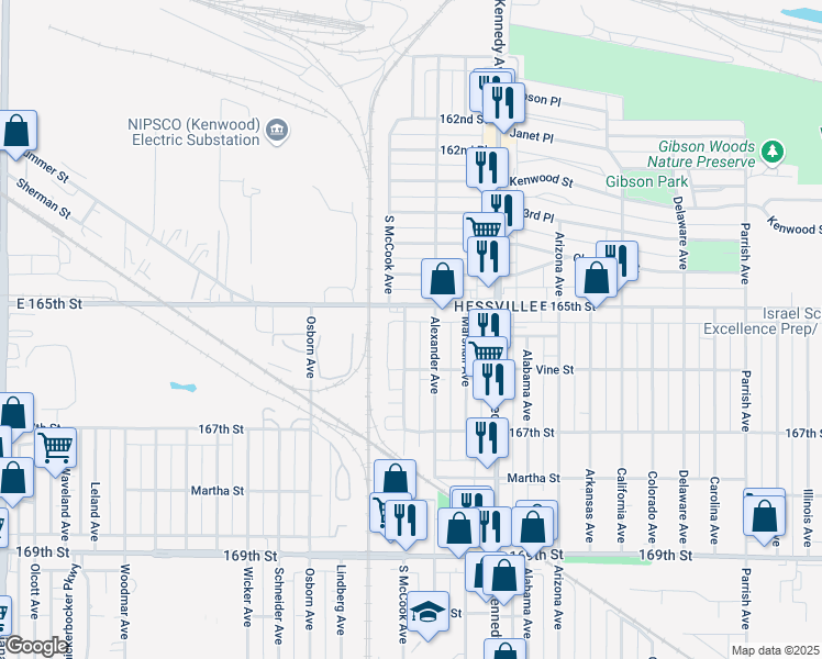map of restaurants, bars, coffee shops, grocery stores, and more near 6519 South McCook Avenue in Hammond