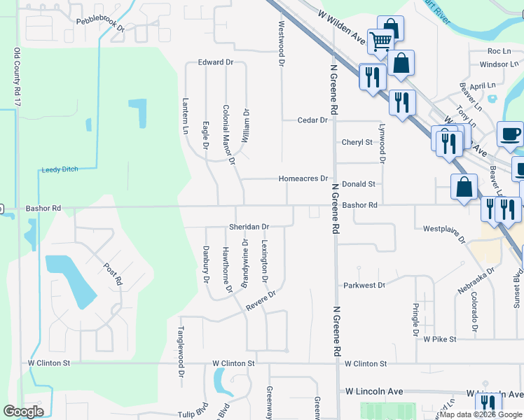 map of restaurants, bars, coffee shops, grocery stores, and more near 2110 Bashor Road in Goshen