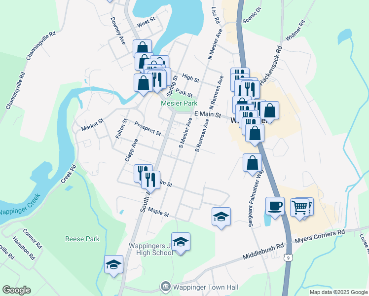 map of restaurants, bars, coffee shops, grocery stores, and more near 30 South Mesier Avenue in Wappingers Falls