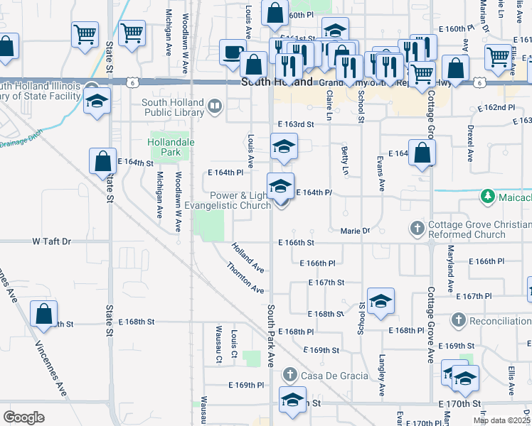 map of restaurants, bars, coffee shops, grocery stores, and more near 16518 South Park Avenue in South Holland