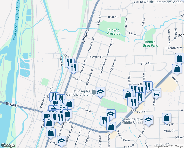map of restaurants, bars, coffee shops, grocery stores, and more near 228 South Washington Street in Lockport