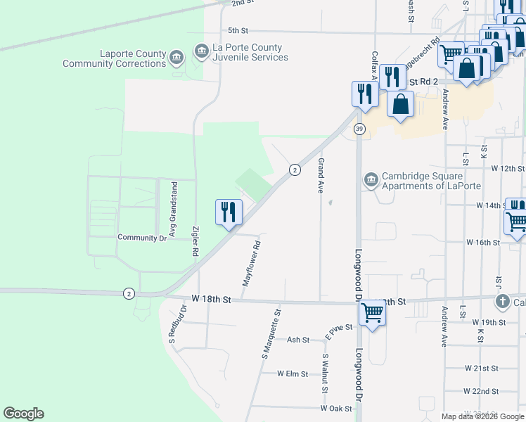 map of restaurants, bars, coffee shops, grocery stores, and more near 2382 West State Road 2 in La Porte