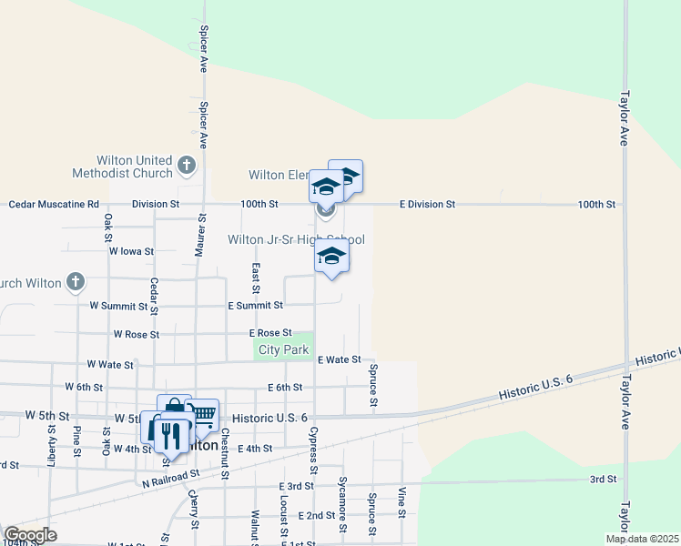 map of restaurants, bars, coffee shops, grocery stores, and more near 1002 Cypress Street in Wilton