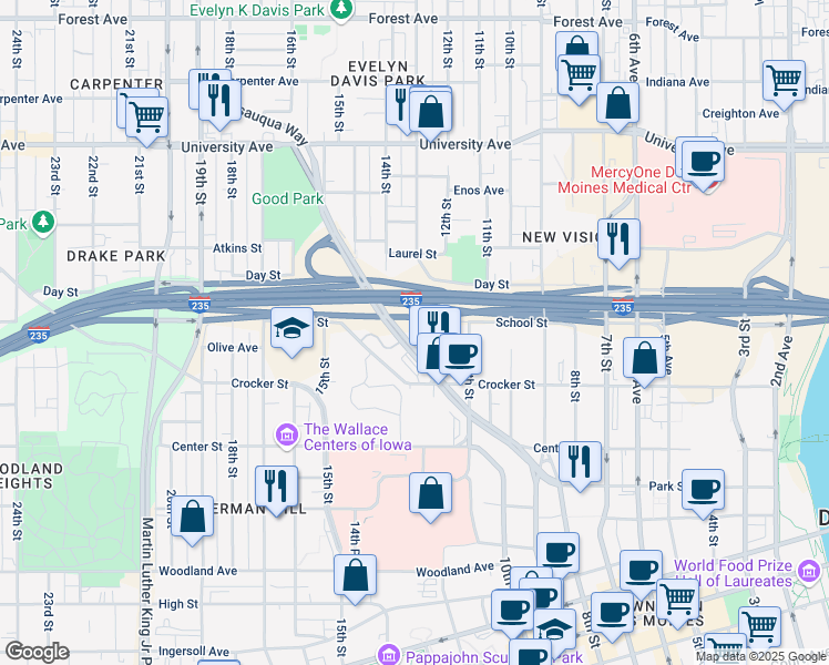 map of restaurants, bars, coffee shops, grocery stores, and more near 1393 Keosauqua Way in Des Moines