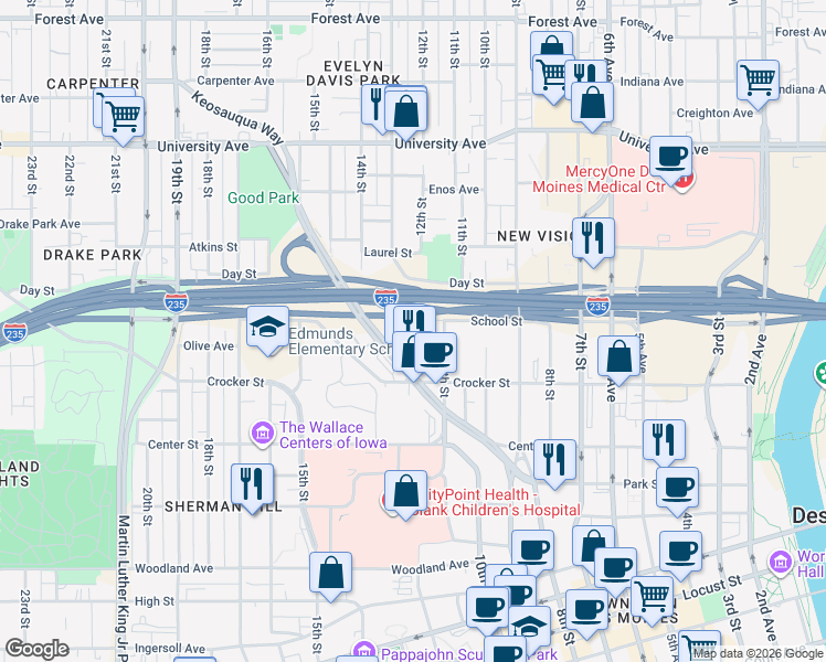 map of restaurants, bars, coffee shops, grocery stores, and more near 1212 School Street in Des Moines