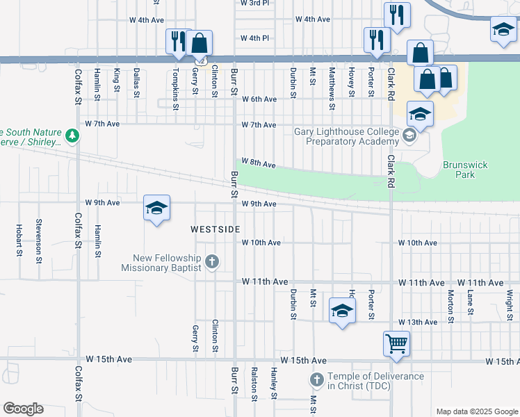 map of restaurants, bars, coffee shops, grocery stores, and more near 5231 West 9th Avenue in Gary