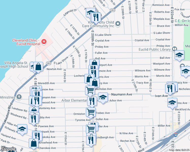 map of restaurants, bars, coffee shops, grocery stores, and more near 405 East 200th Street in Cleveland