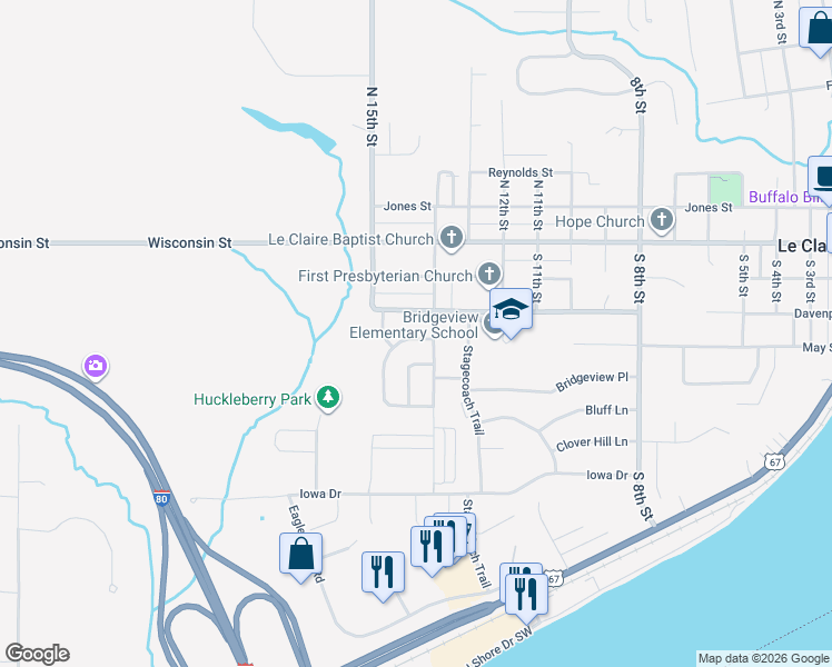 map of restaurants, bars, coffee shops, grocery stores, and more near 1413 Glenwood Drive in Le Claire