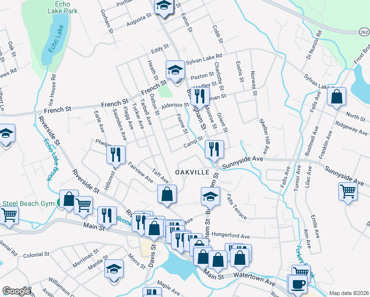 map of restaurants, bars, coffee shops, grocery stores, and more near 57 Camp Street in Watertown