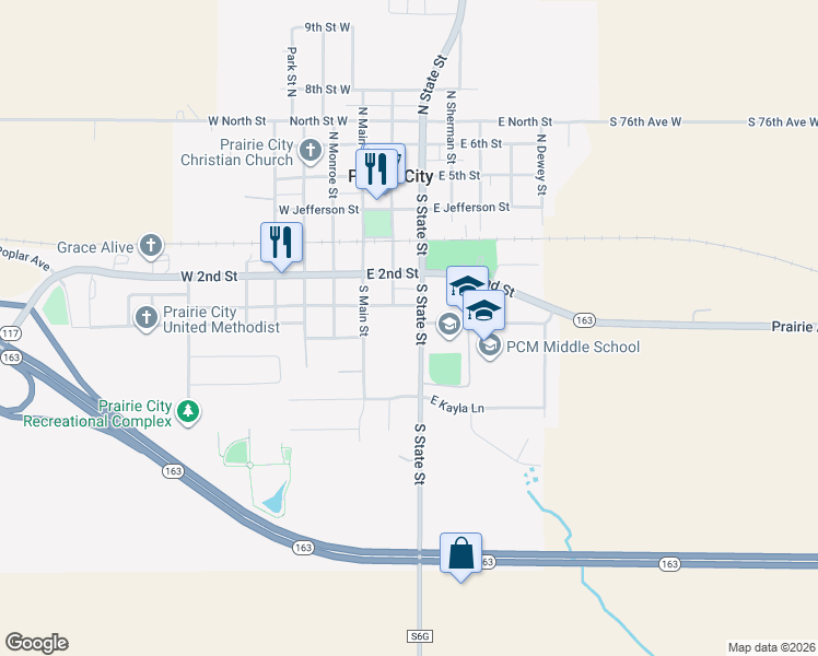 map of restaurants, bars, coffee shops, grocery stores, and more near 405 South State Street in Prairie City