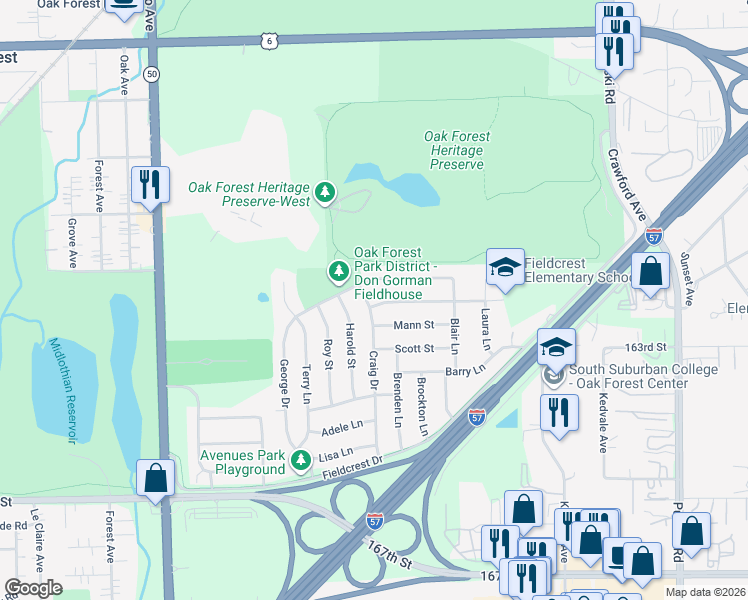 map of restaurants, bars, coffee shops, grocery stores, and more near 16408 Craig Drive in Oak Forest