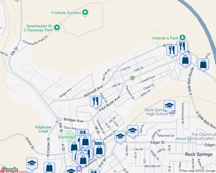 map of restaurants, bars, coffee shops, grocery stores, and more near 1025 9th St in Rock Springs