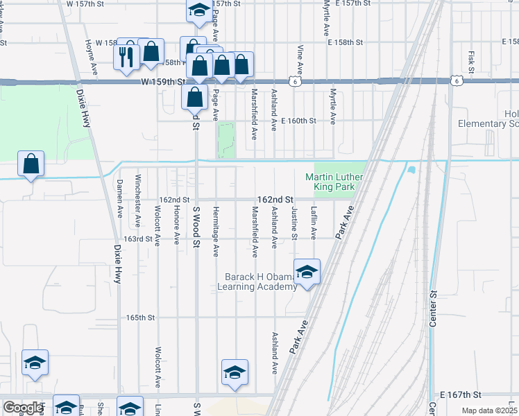 map of restaurants, bars, coffee shops, grocery stores, and more near 16215 Marshfield Avenue in Markham